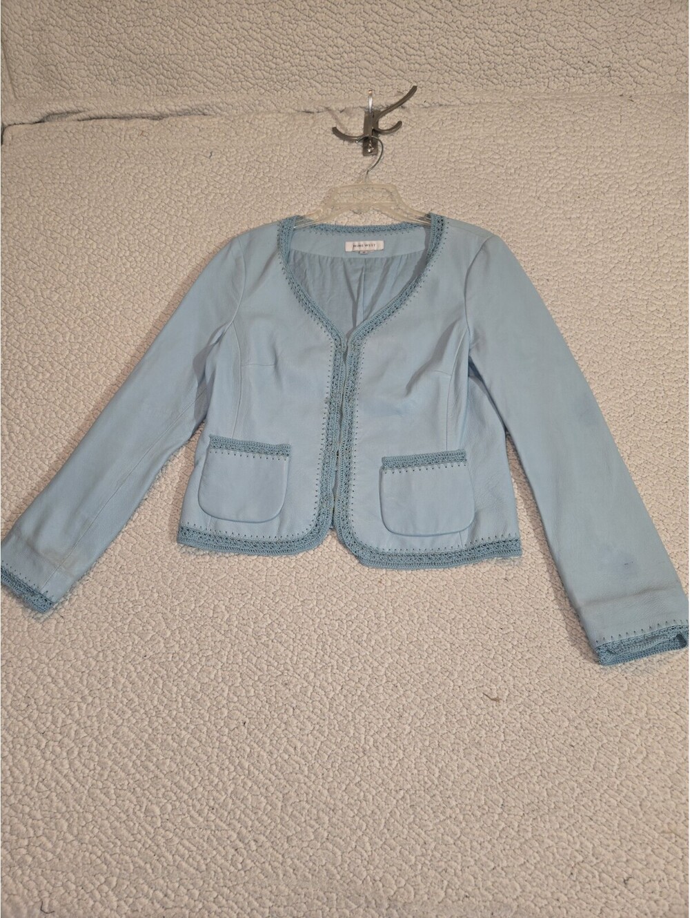 Nine West Women's Leather Lady Jacket Lgt Blue Crochet Trim Office Basic Casual